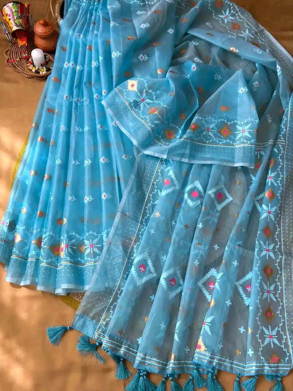 Half Silk Jamdani Print Saree - Image 3