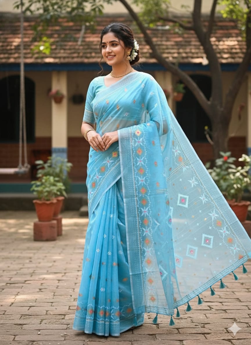Half Silk Jamdani Print Saree - Image 9