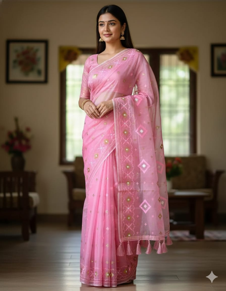 Half Silk Jamdani Print Saree - Image 5